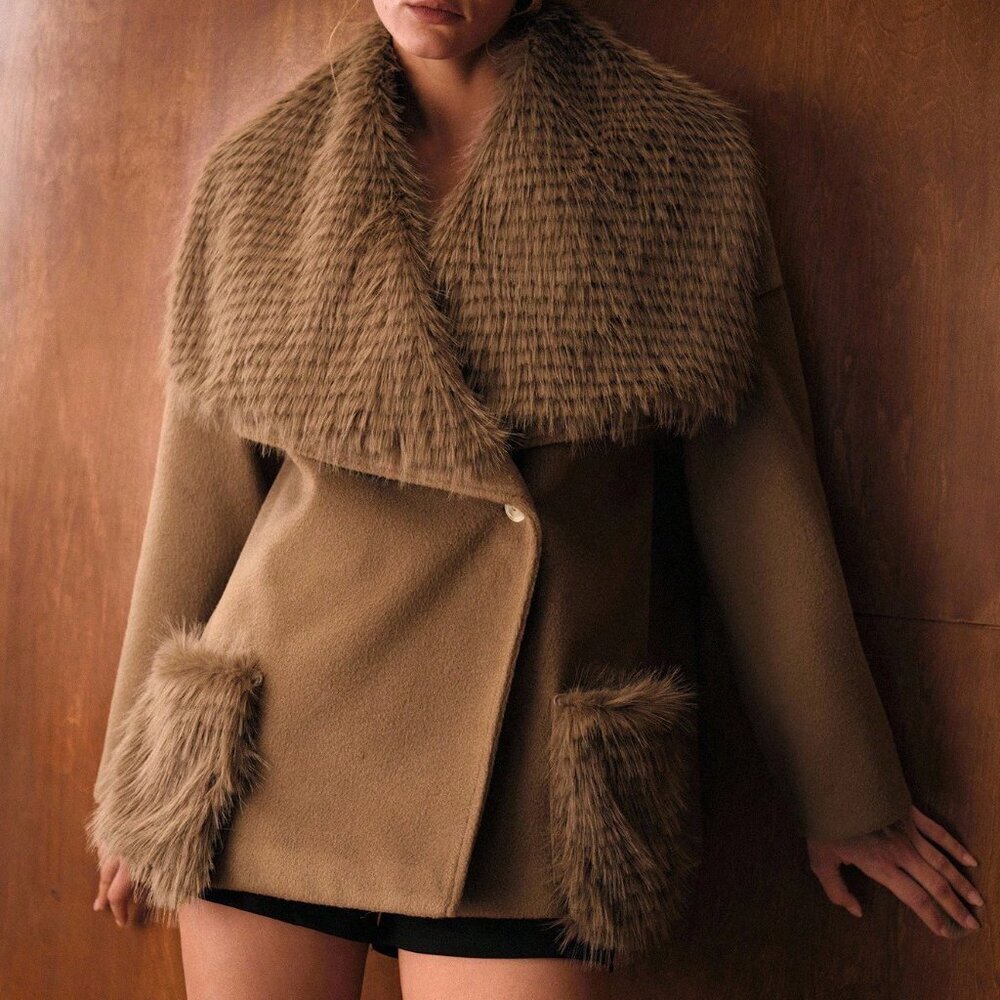 Brown Casual Women's Faux Fur Collar Striped Overcoat